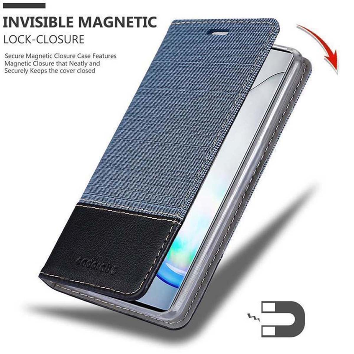 Eine Handyhülle aus Denim und schwarzem Leder ist geöffnet, ein Telefon befindet sich darin, und ein Magnet ist sichtbar.