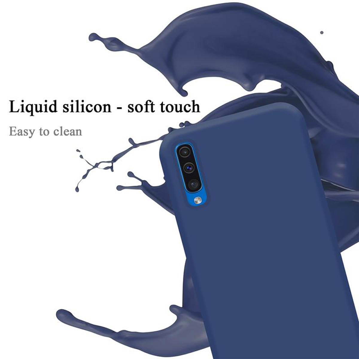 Blaue Handyhülle mit Flüssigkeitsspritzeffekt. Text: Flüssigsilikon - Soft-Touch, leicht zu reinigen.