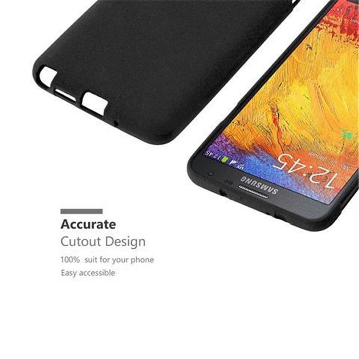 Una custodia e un telefono neri su una superficie bianca. Testo: 'Accurate Cutout Design'.