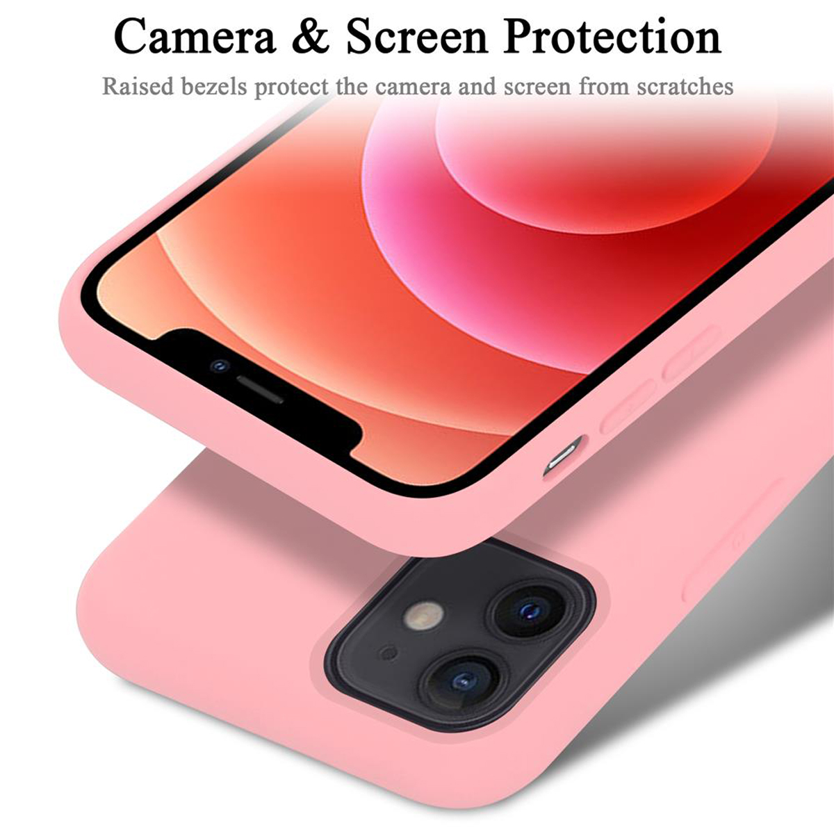 Rosa Handyhülle mit einem Telefon oben drauf. Text: Kamera- und Bildschirmschutz, erhöhte Blenden schützen vor Kratzern. Weißer Hintergrund.