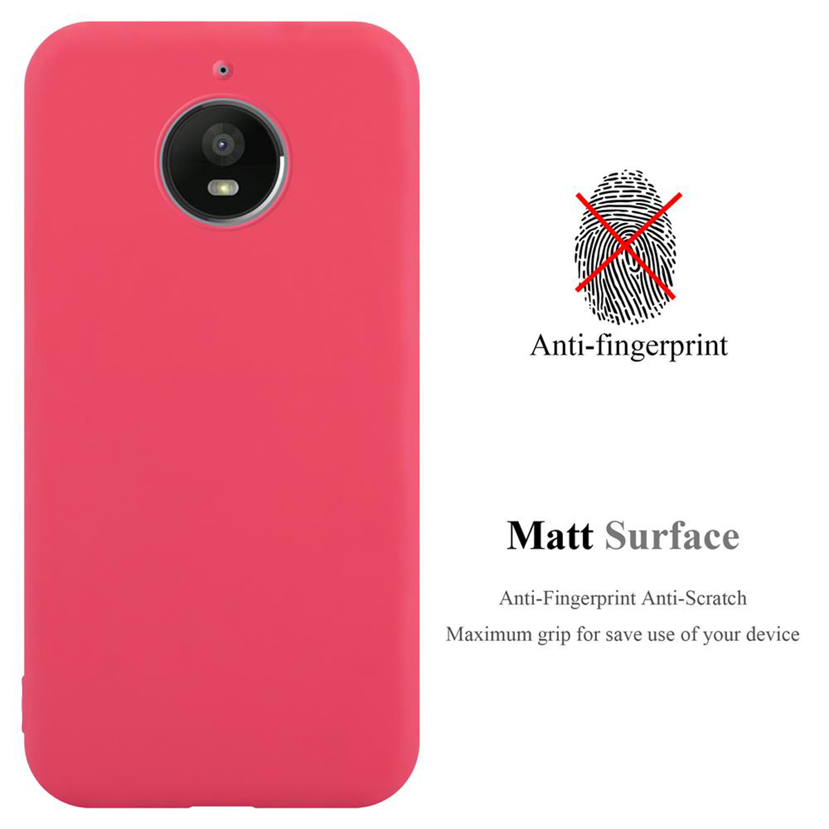 Custodia rossa con testo 'Anti-impronte' e 'Superficie opaca'. Il retro del telefono è rosso.