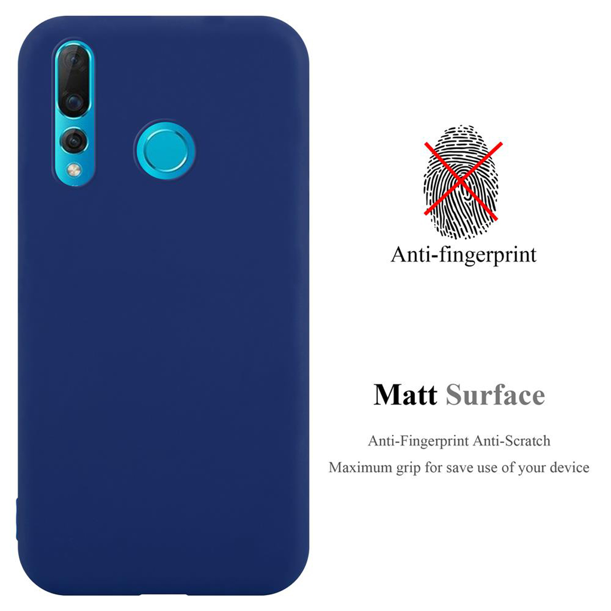 Blaue Handyhülle, Anti-Fingerabdruck, matte Oberfläche, mit Text und Fingerabdrucksymbol.