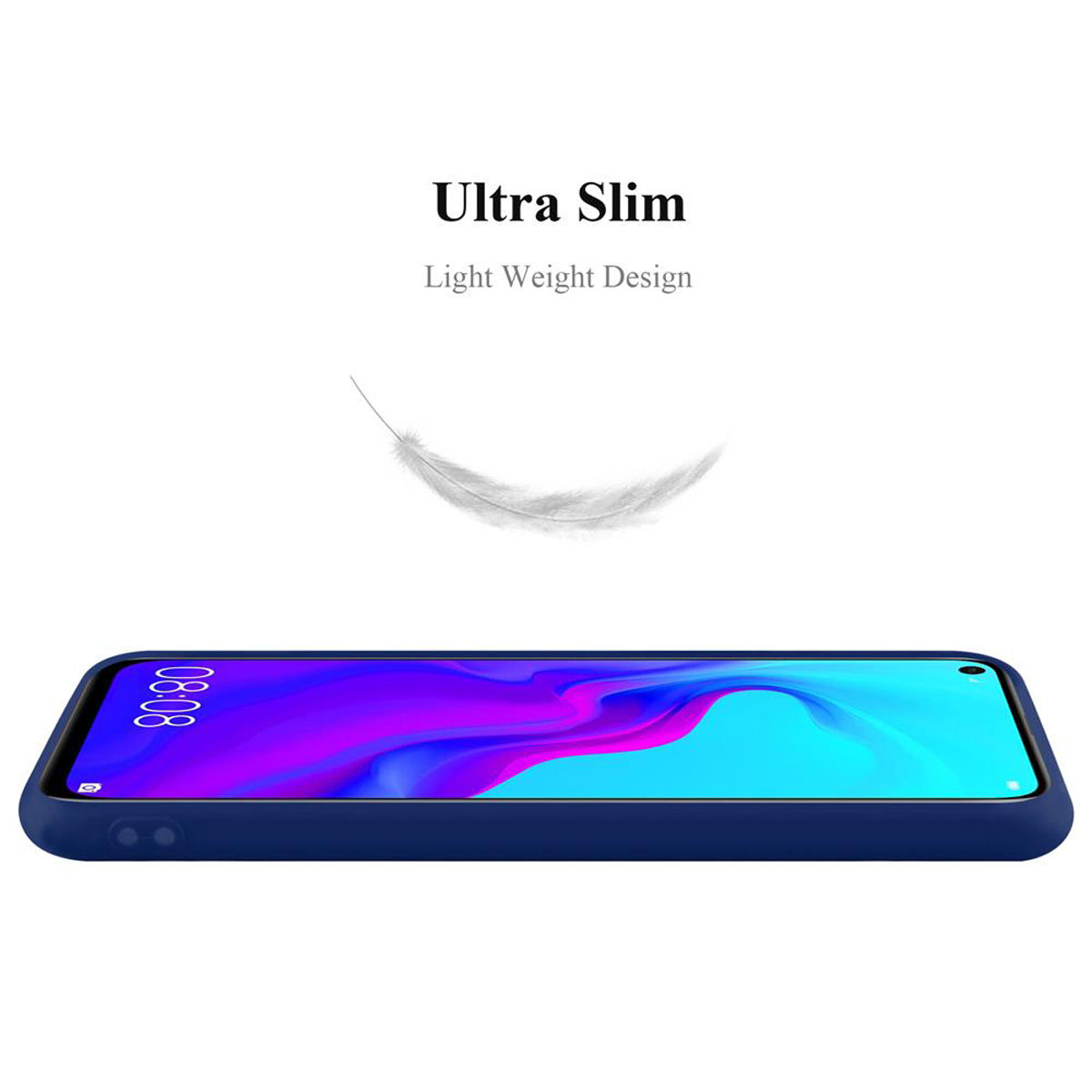 Eine blaue Handyhülle wird von der Seite gezeigt. Der Telefonbildschirm zeigt die Uhrzeit 08:08. Text: Ultra Slim, Light Weight Design.