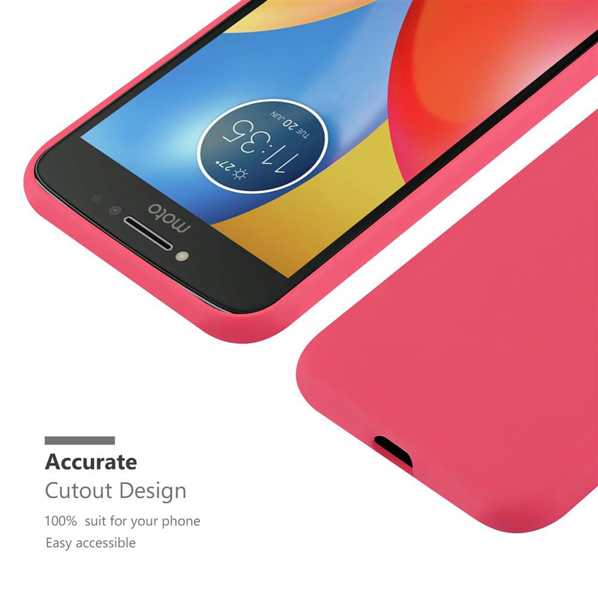 Custodia rosa per telefono su un telefono. Il testo dice 'Accurate Cutout Design'. Il telefono mostra l'ora.