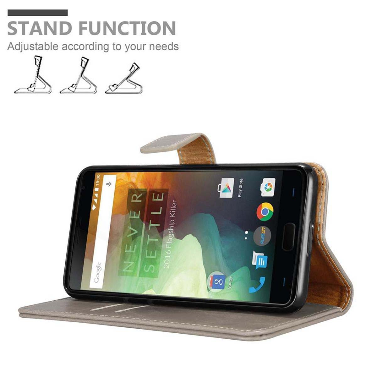 Custodia per telefono con funzione stand. Il telefono è aperto e in modalità stand, con i loghi di Google e altre app visibili.