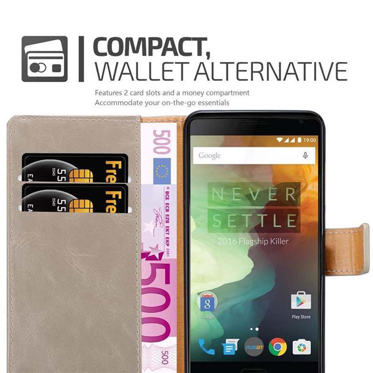 Telefono in una custodia a portafoglio, carte di credito e denaro visibili, sfondo bianco.