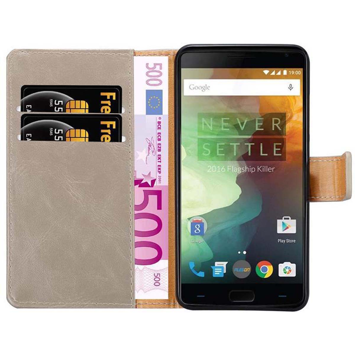 CADORABO 2, Luxury OnePlus, BRAUN Hülle Book Bookcover, CAPPUCCINO Style,