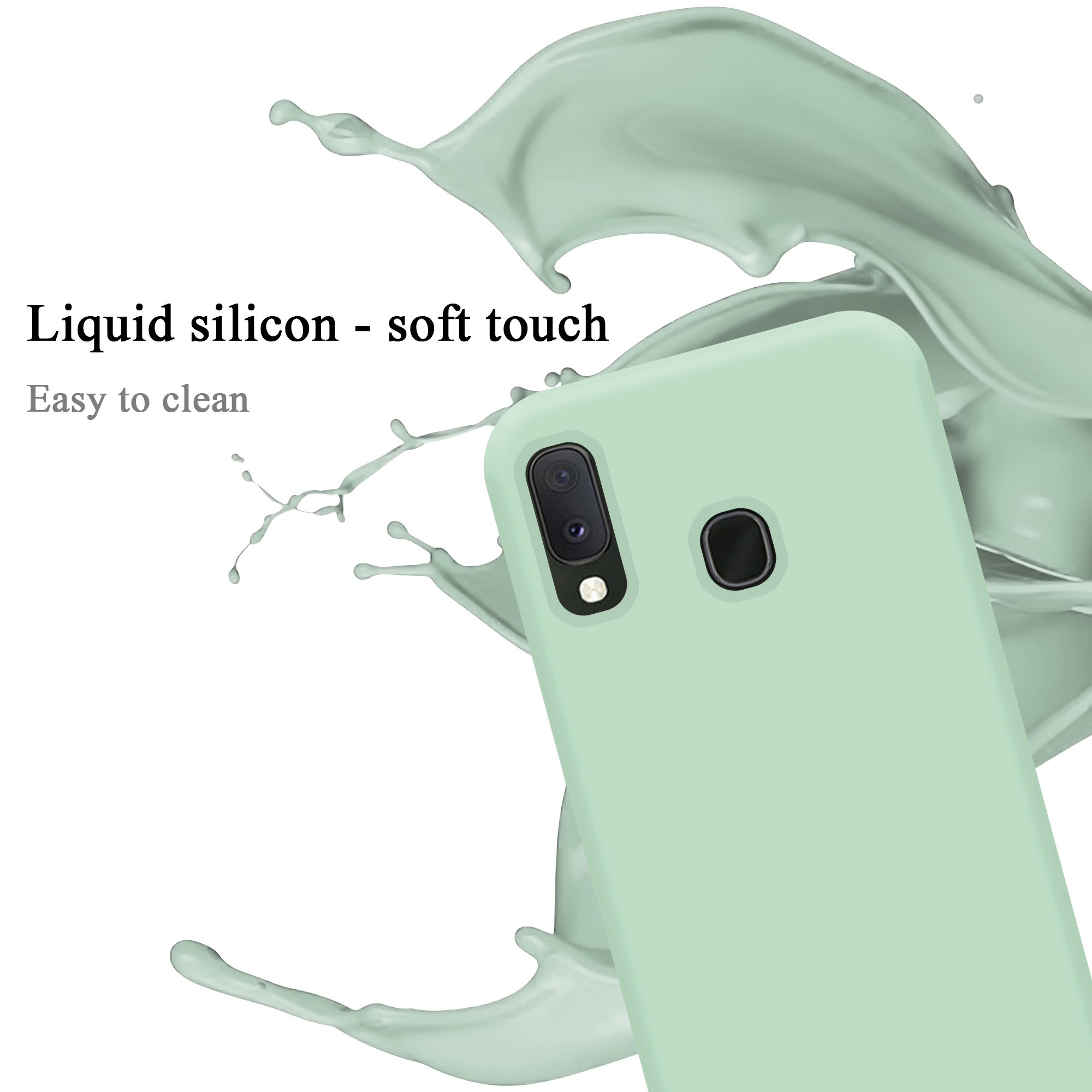 Una custodia per telefono verde menta con uno schizzo di liquido. Testo: Silicone liquido, tocco morbido, facile da pulire.