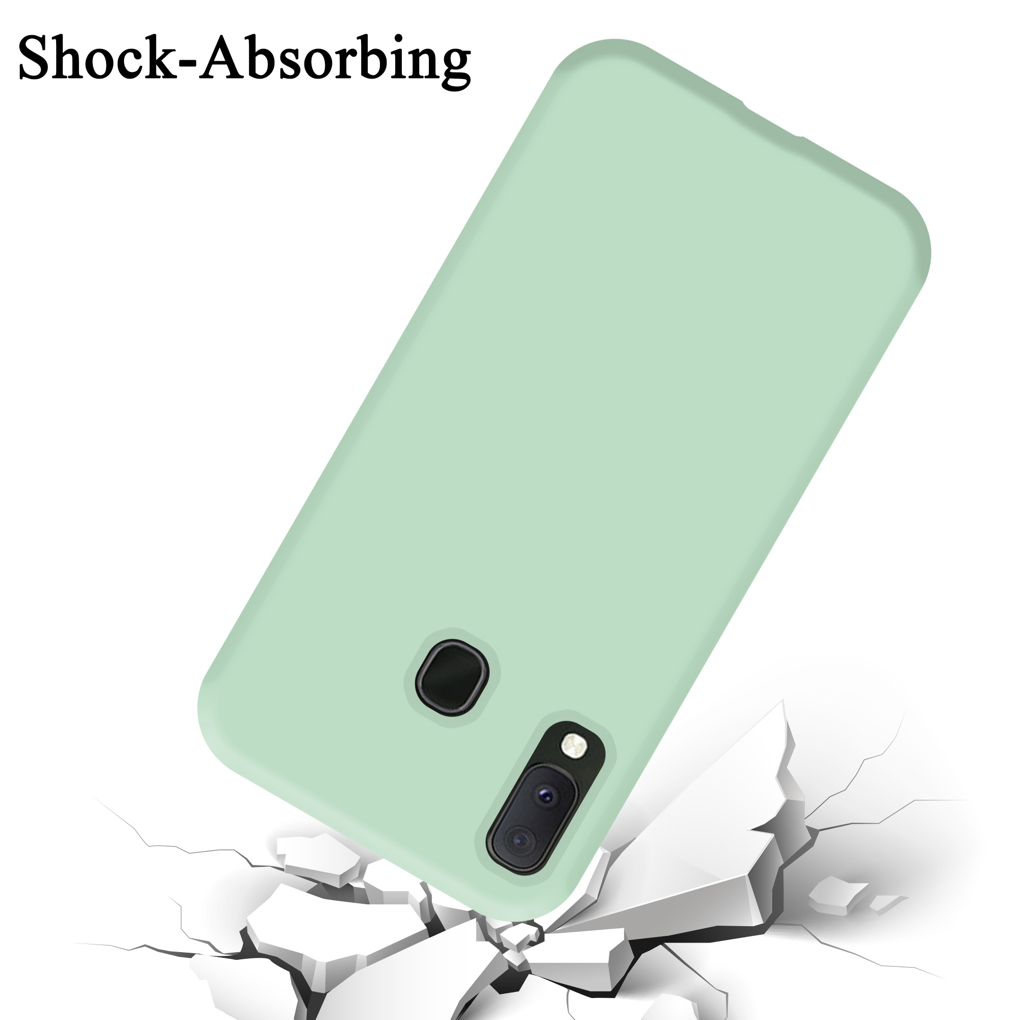 Una custodia per telefono verde chiaro che cade e colpisce una superficie incrinata. Il testo dice assorbimento degli urti.