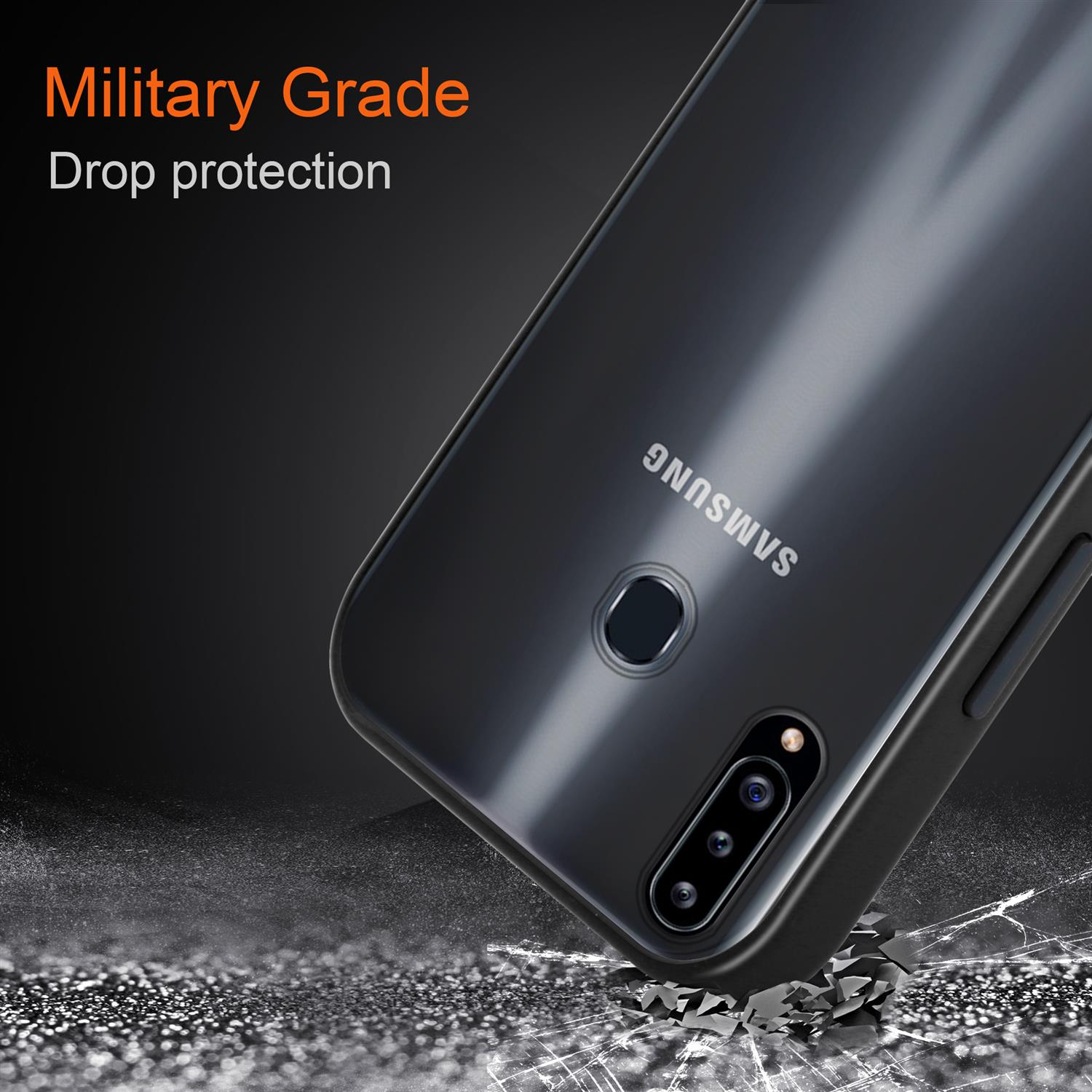Schwarze Handyhülle fällt auf raue Oberfläche. Text: Military Grade, Drop protection. Samsung Logo sichtbar.