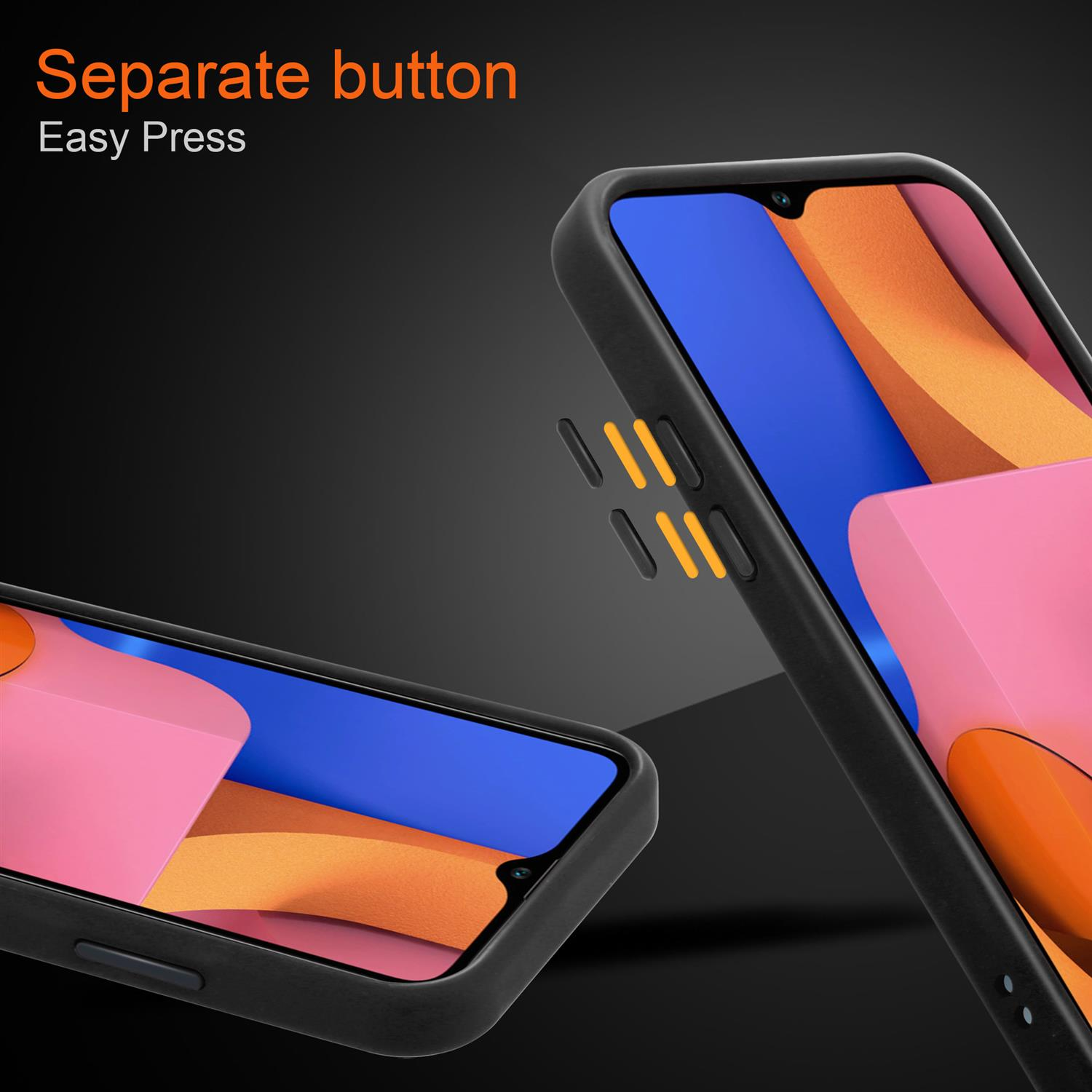 Nahaufnahme einer schwarzen Handyhülle mit orangefarbenen Knöpfen. Text: 'Separate button Easy Press'.