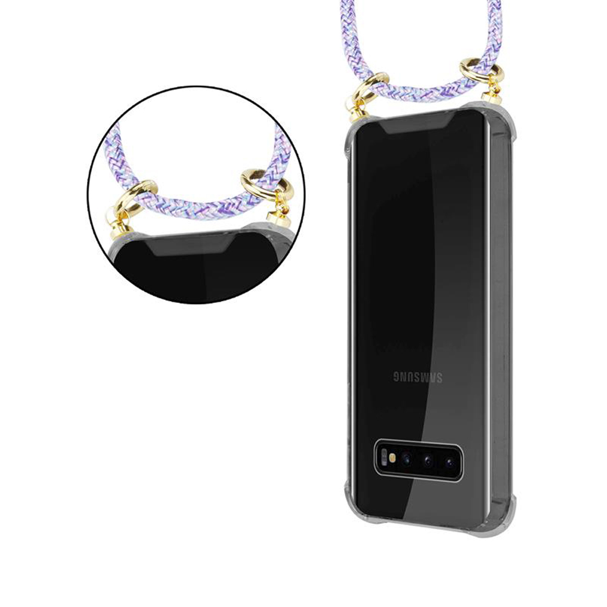 Un telefono in una custodia con un cordino viola e bianco.