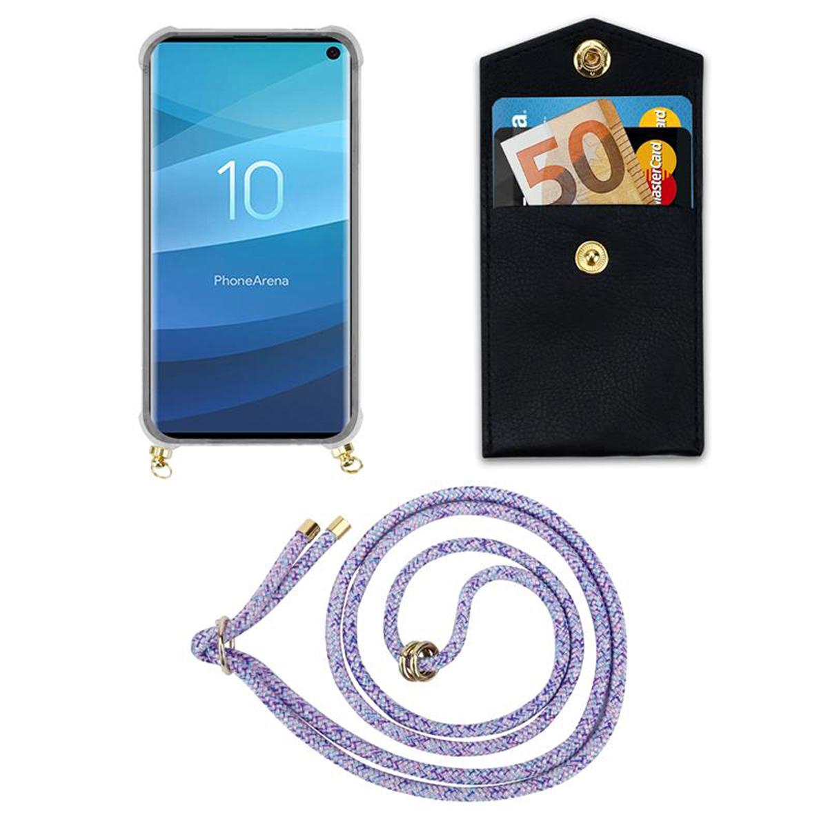 Un telefono, una custodia nera con carte e una corda con il telefono appeso. Il telefono è PhoneArena 10.