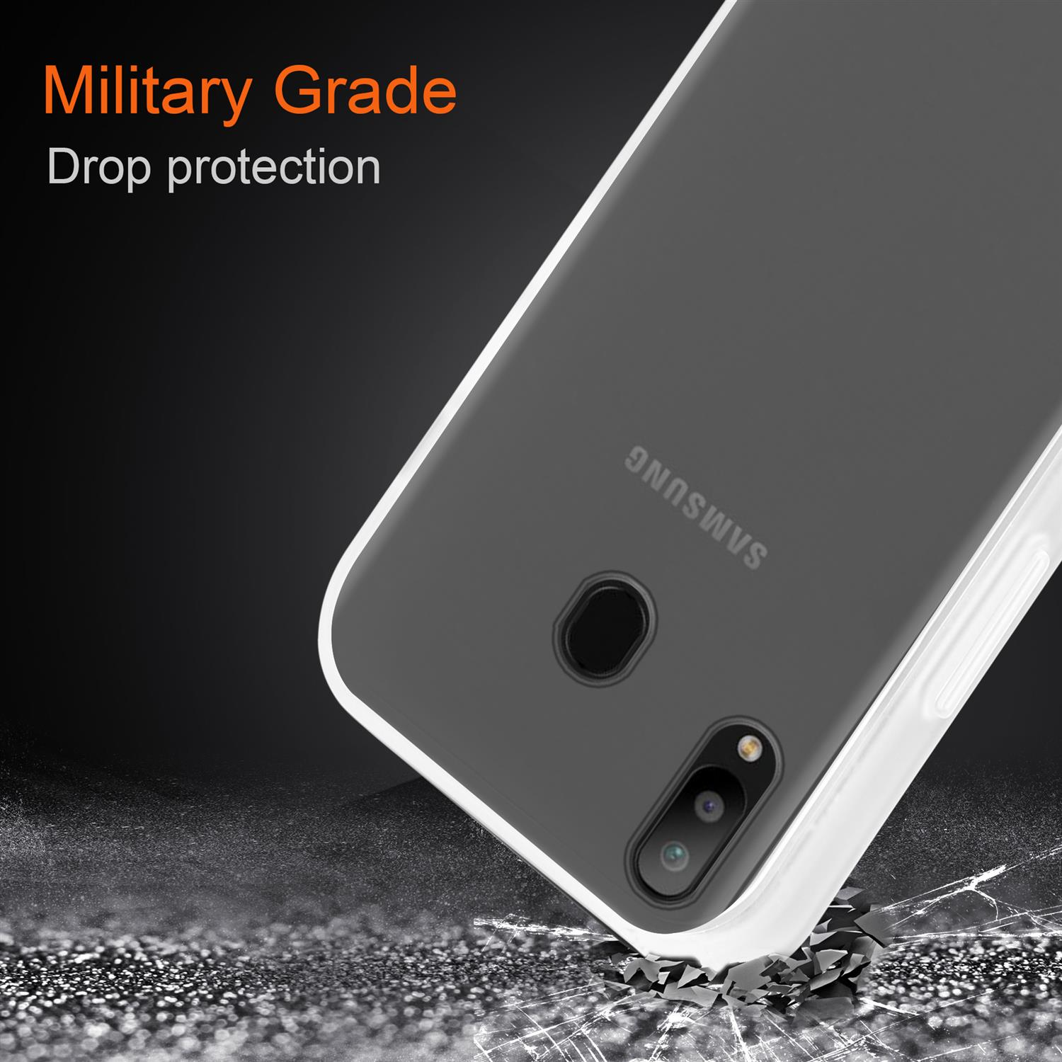 Handyhülle mit Telefon. Merkmale sind 'Military Grade' Schutz und Fallschutz. Die Hülle ist grau.