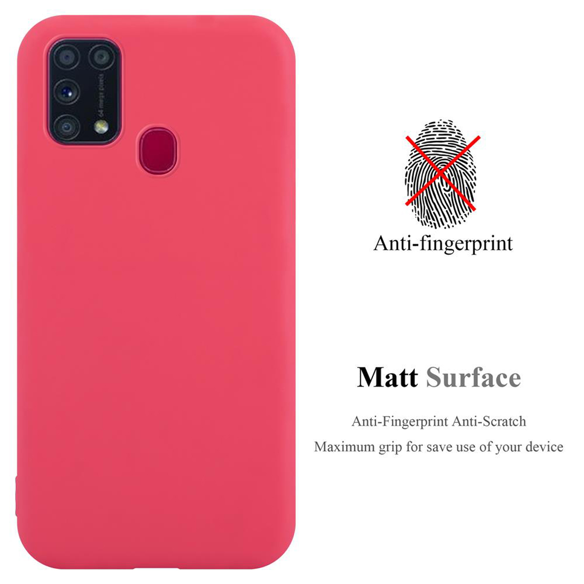 Una custodia rosa per telefono con testo e un'immagine di impronta digitale. Il testo indica che è anti-impronta e ha una superficie opaca.