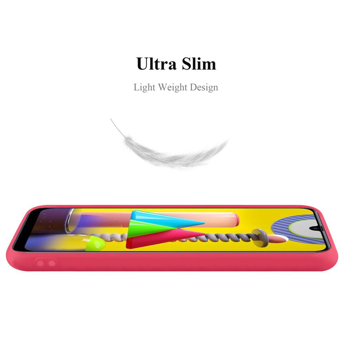 Una custodia per telefono con un design rosso. Una piuma fluttua sopra il telefono. Il testo è 'Ultra Slim'.