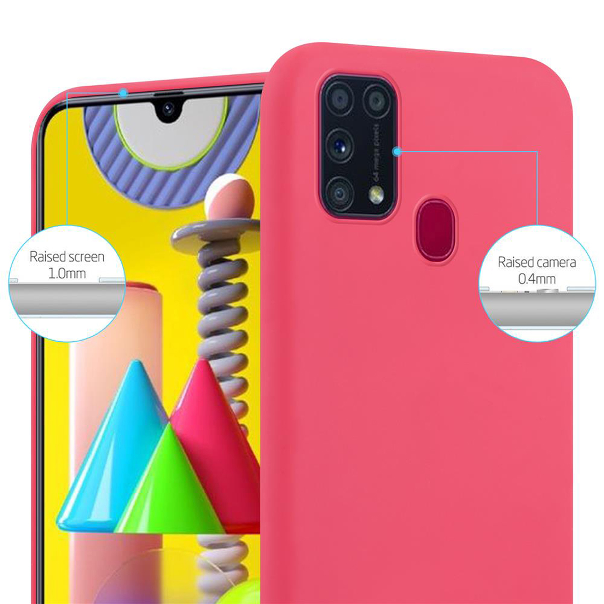 Custodia rosa con protezione schermo e fotocamera. Dettagli schermo e fotocamera rialzati.