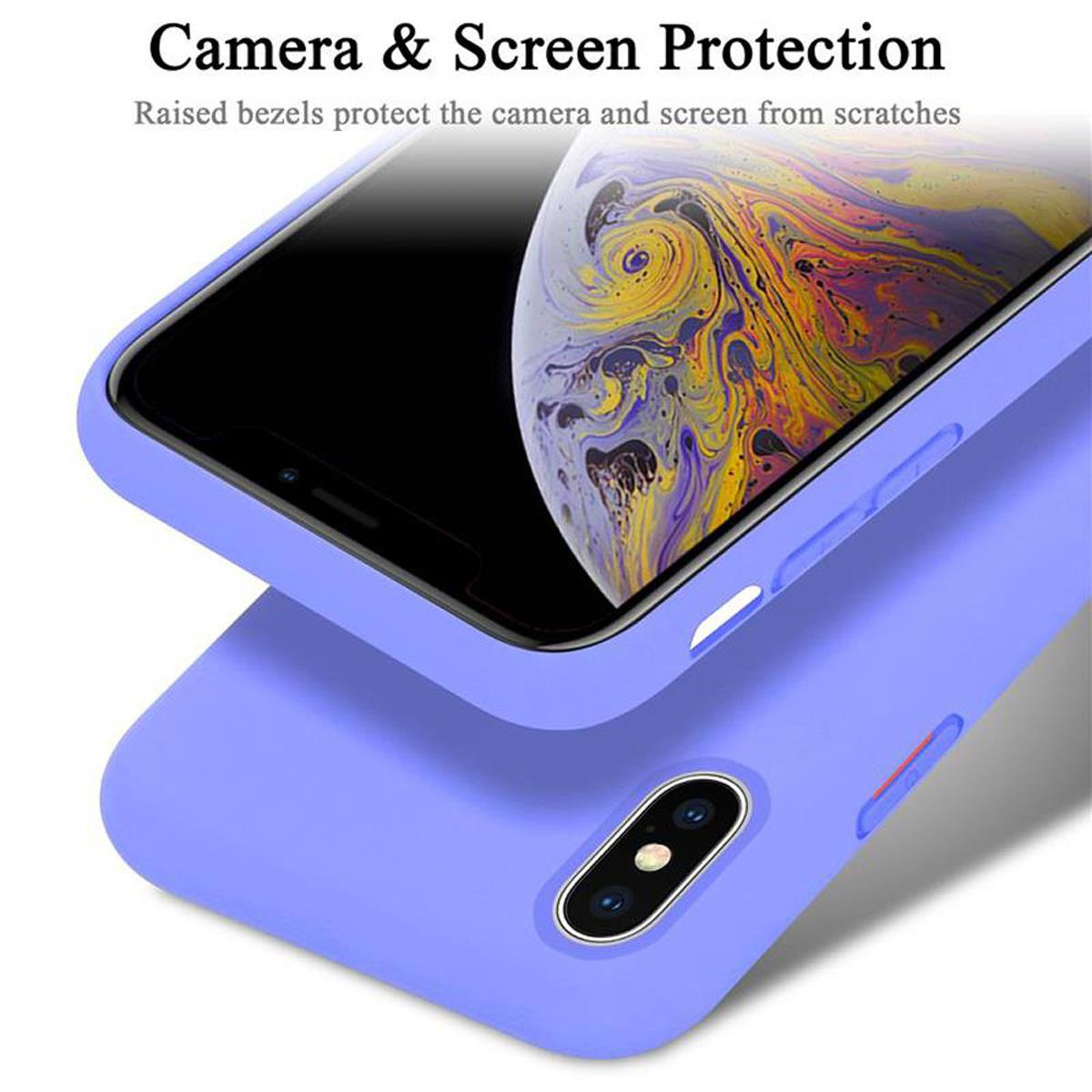 Eine hellviolette Handyhülle mit geschützter Kamera und Bildschirm, die ein Telefon im Inneren zeigt.
