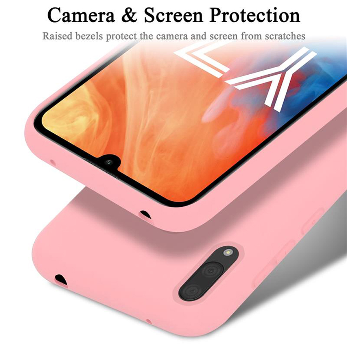 Eine rosa Handyhülle. Die Hülle befindet sich auf einem Telefon mit Bildschirmschutz.