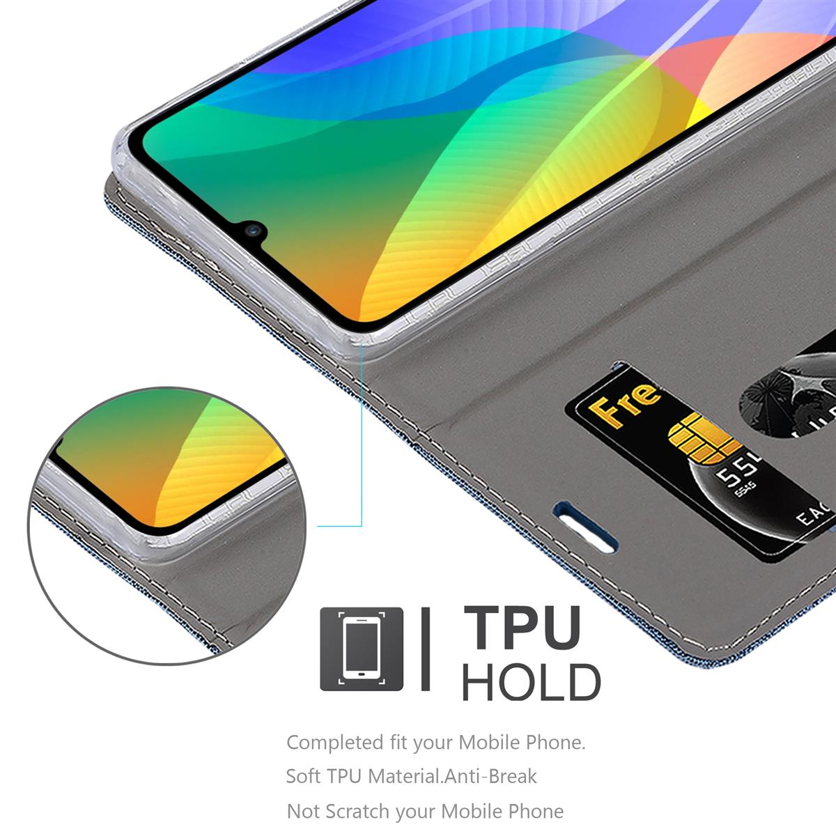 Telefono nella custodia, carta di credito e testo TPU HOLD. Copertura blu. Lo sfondo è sfocato.