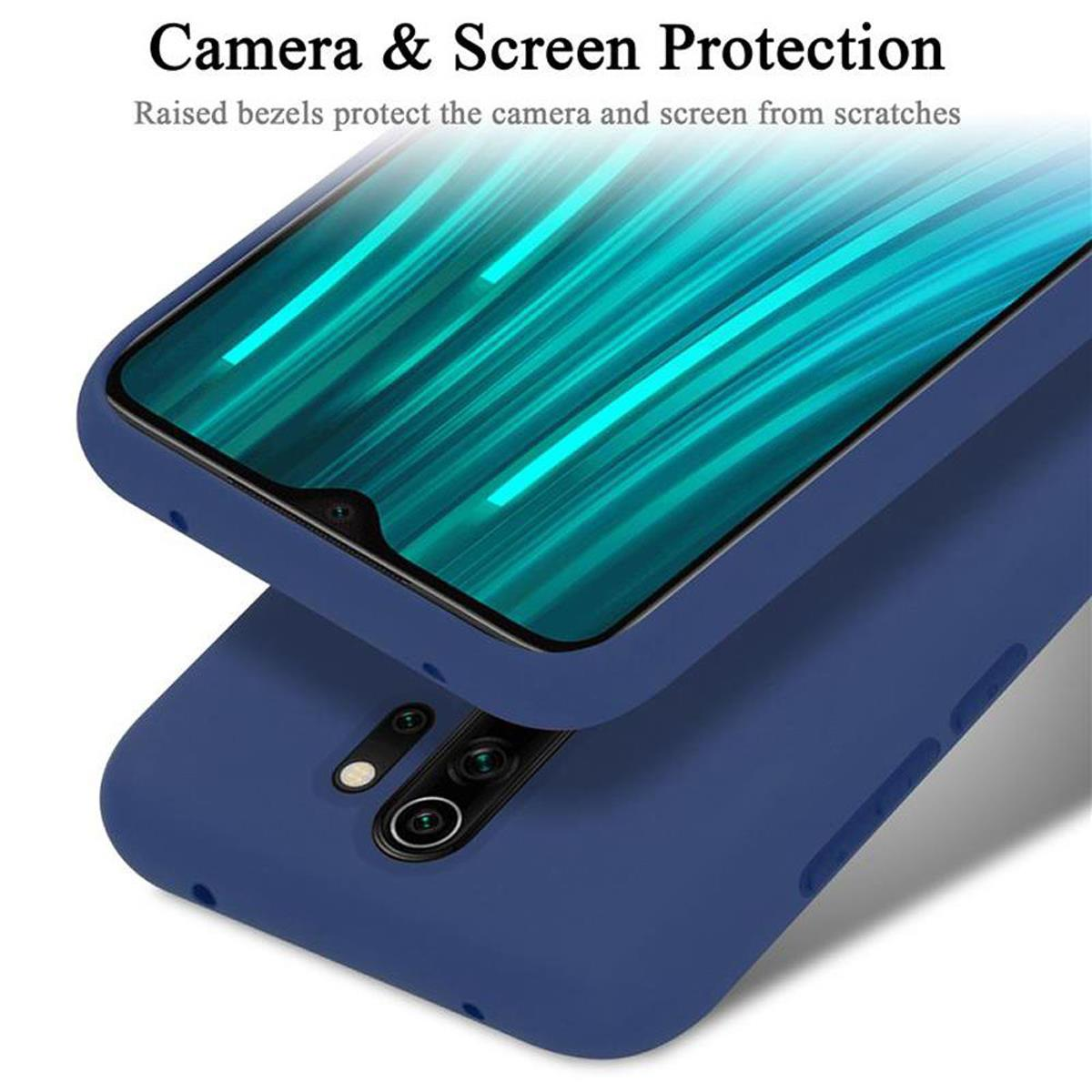 Una custodia blu navy con un telefono all'interno. Presenta le cornici rialzate. Il testo dice 'Camera & Screen Protection'.