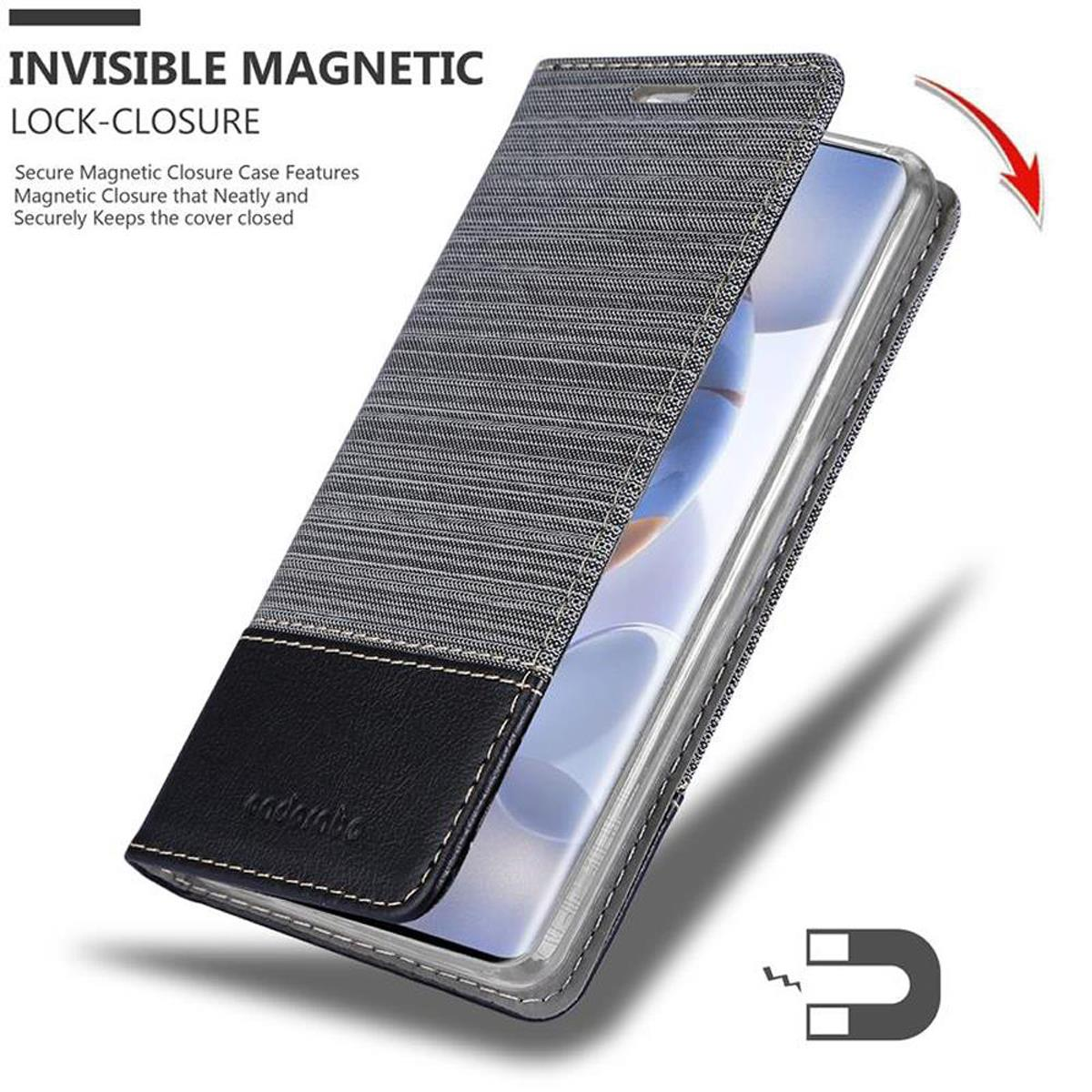 Custodia del telefono aperta, che mostra lo schermo. Grigio con pelle nera. Testo: 'Magnetico invisibile'.