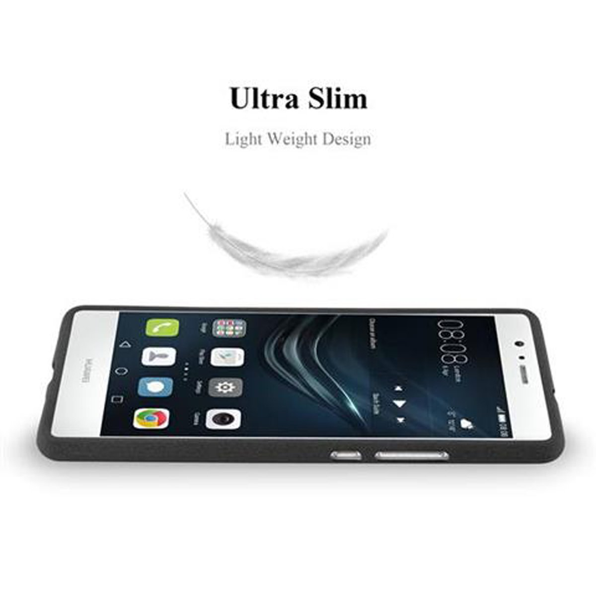 Un teléfono con funda. El texto dice Ultra Slim. Diseño ligero.