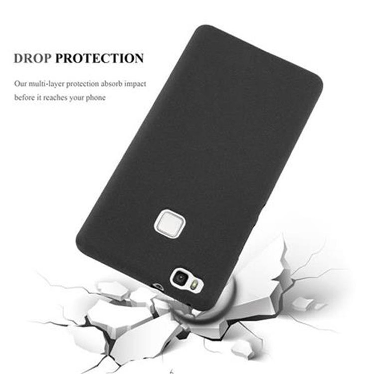 Una funda de teléfono negra se muestra sobre una superficie blanca, con el texto 'Drop Protection' y una superficie agrietada.