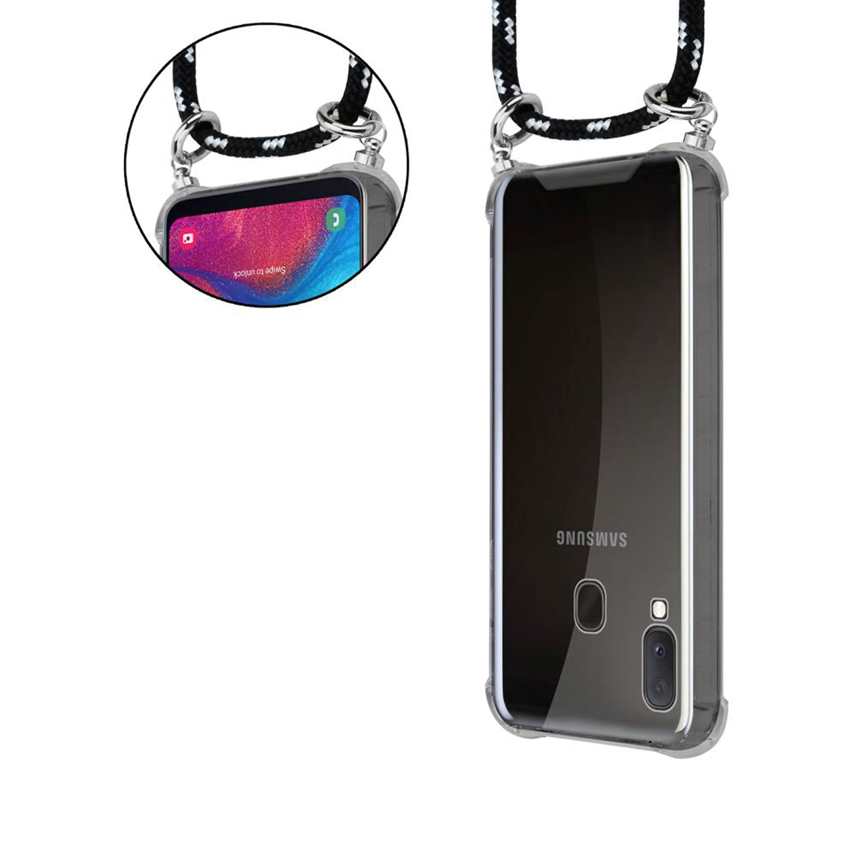 CADORABO Handy Kette mit Silber SILBER Ringen, Hülle, Band Galaxy abnehmbarer A20e, / und Kordel Samsung, Backcover, SCHWARZ A10e