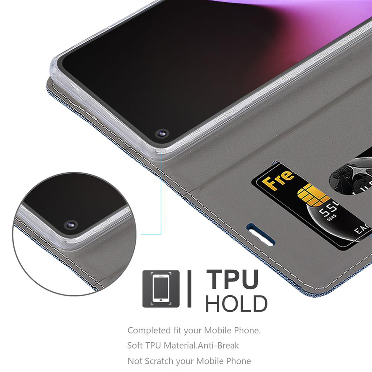 Una custodia per telefono con un telefono all'interno. Ha un portafoglio per carte.