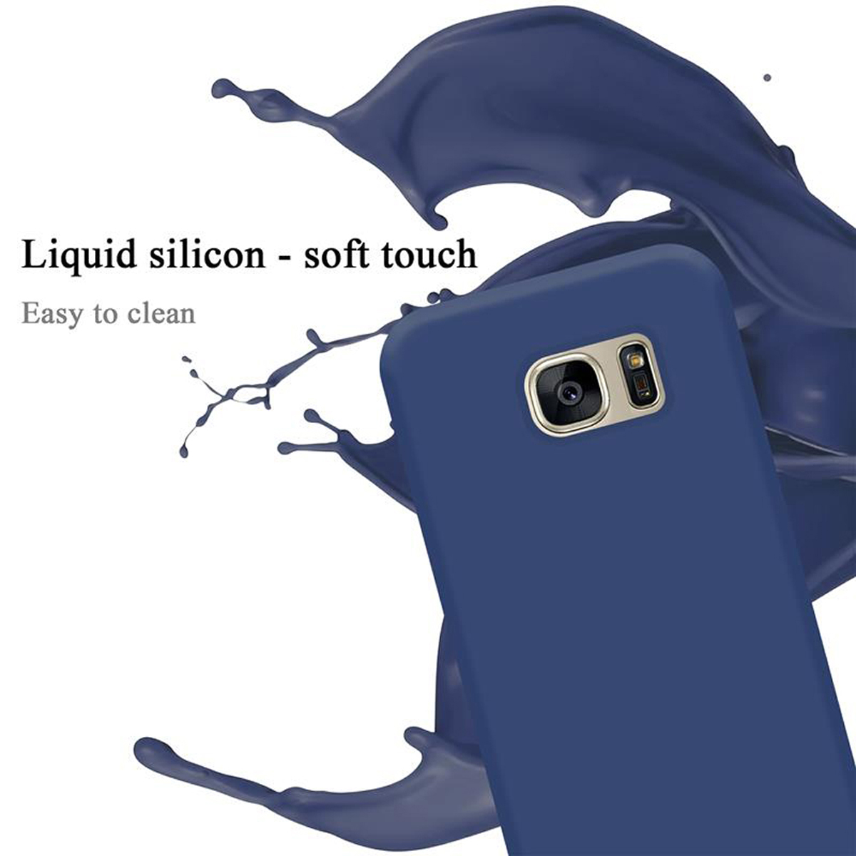Blaue Handyhülle und ein Spritzer blauer Flüssigkeit, mit weißem Hintergrund.