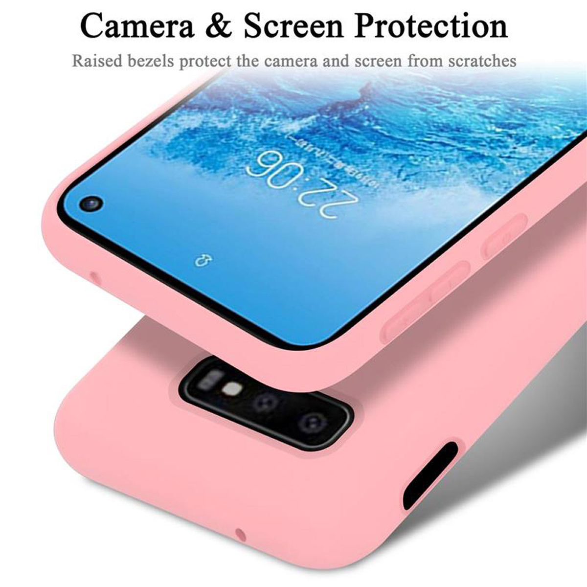 Rosa Handyhülle mit einem Telefon darin. Die Hülle schützt Bildschirm und Kamera.