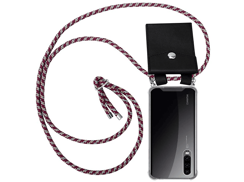 CADORABO Handy Kette mit Silber Ringen, Kordel Band und abnehmbarer Hülle, Backcover, Huawei, P30, ROT GELB WEIß