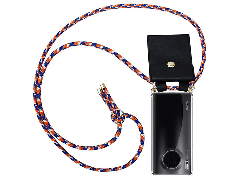 CADORABO Handy Kette Hülle, Gold abnehmbarer ORANGE mit MATE und Huawei, WEIß BLAU Ringen, Band Kordel Backcover, 30