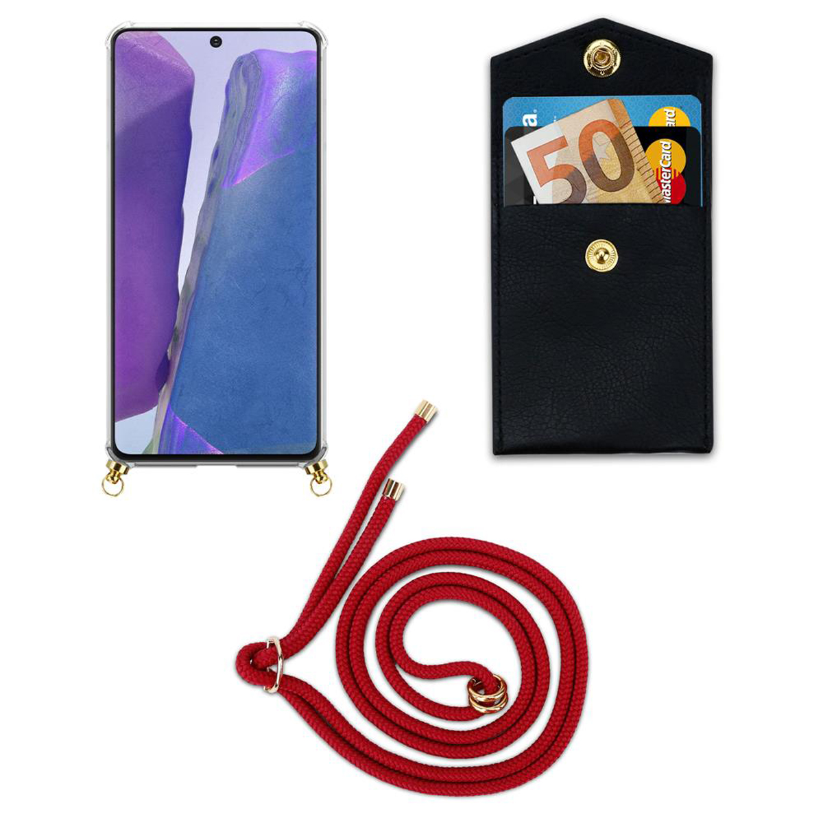Telefono con custodia trasparente e cordino rosso, porta carte nero con carte e contanti, isolato.