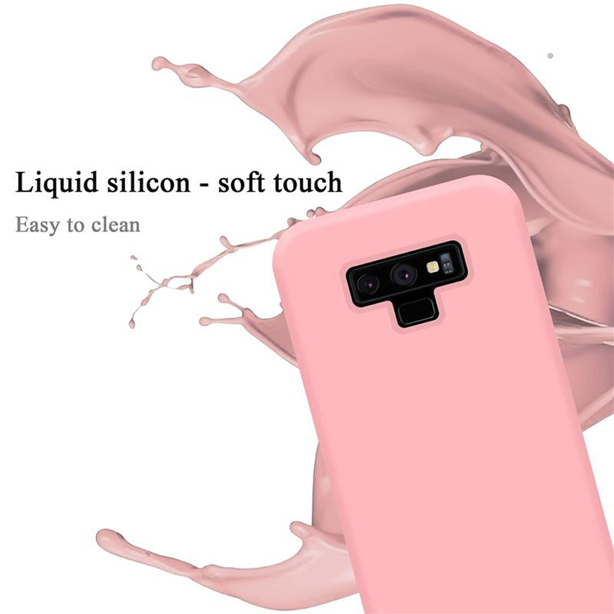 Rosa Handyhülle mit Flüssigkeitsspritzer. Text: Flüssiges Silikon - Soft-Touch. Leicht zu reinigen.
