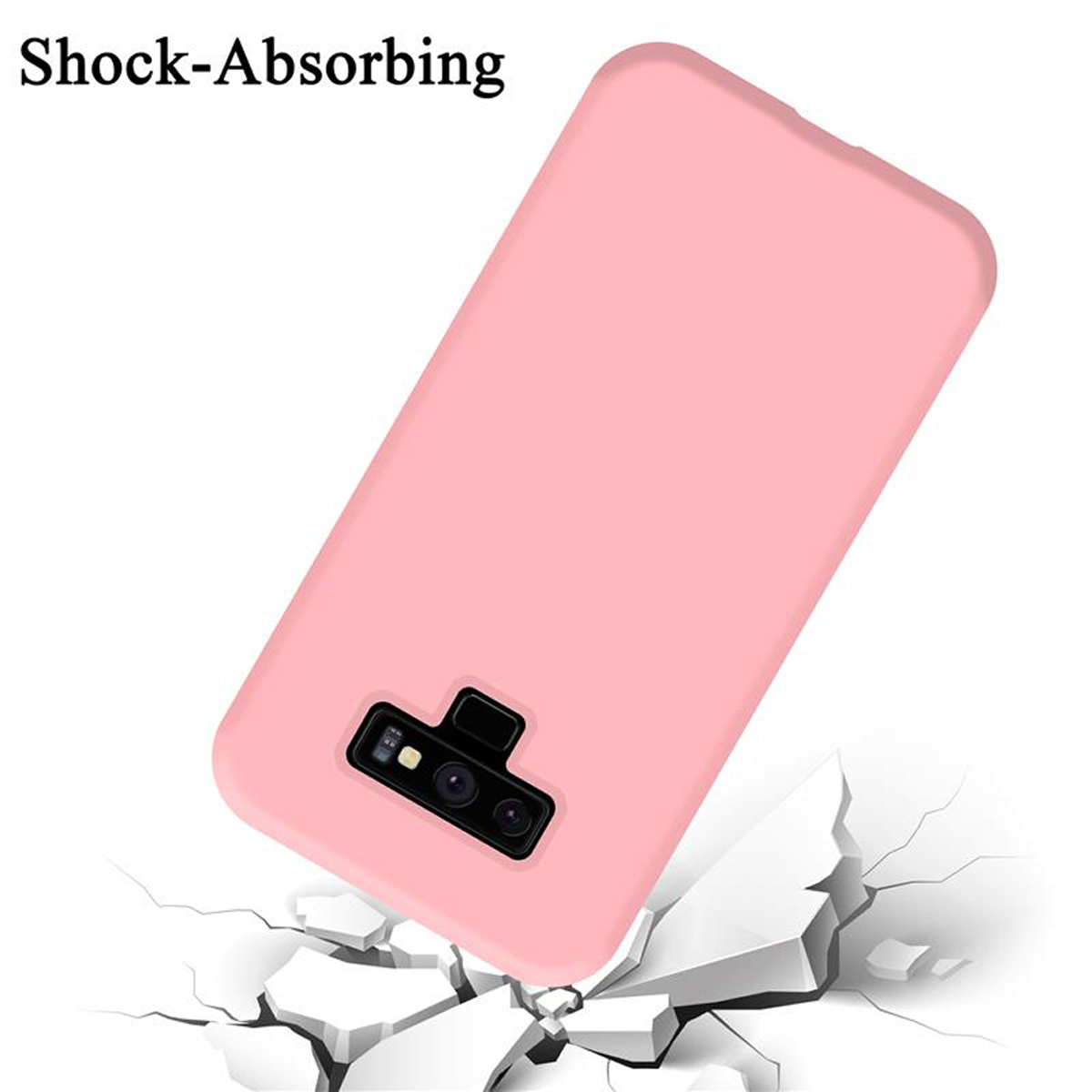 Eine rosa Handyhülle auf weißem Untergrund. Die Hülle ist ringsum gerissen. Text: Shock-Absorbing.