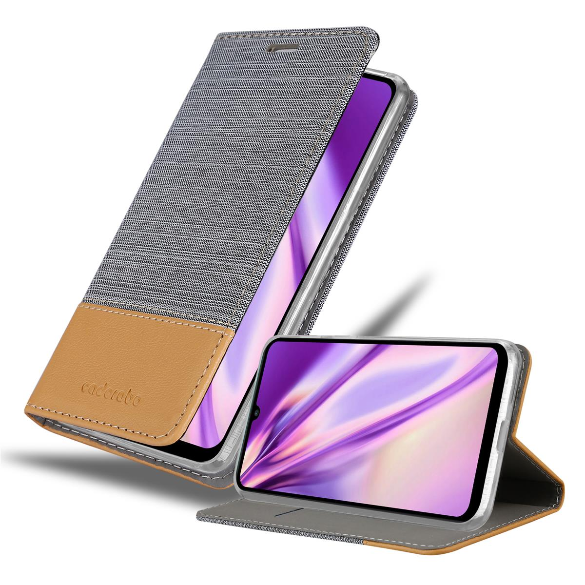 Custodia per telefono aperta, cover grigia e marrone, telefono all'interno, sfondo bianco.