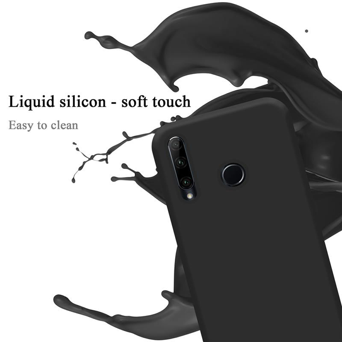 Schwarze Handyhülle mit Flüssigkeitsspritzer. Text: Flüssigsilikon - weiche Haptik.