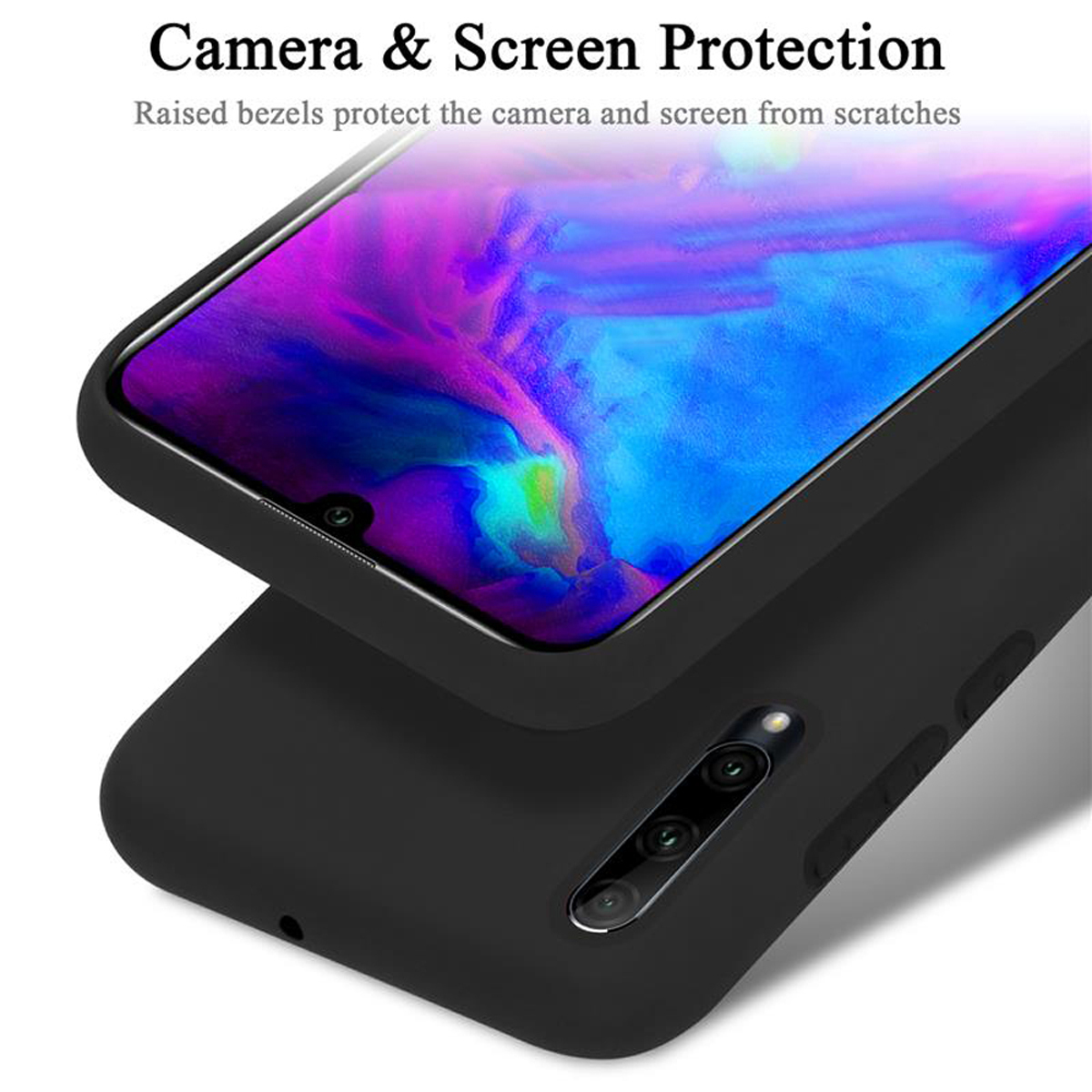 Schwarze Handyhülle mit einem Telefon darin. Text: Kamera- und Bildschirmschutz.