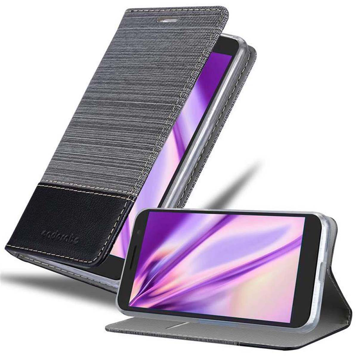 Custodia per telefono, copertura grigia, fondo nero e marrone, con telefono dentro e aperto.