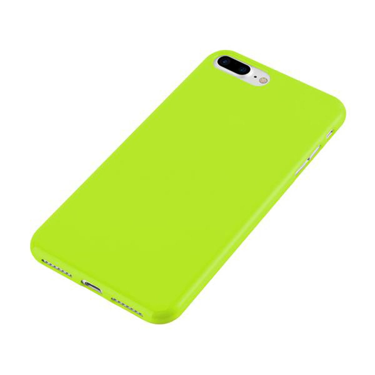 Custodia per telefono verde lime. Una custodia per telefono lucida. Viene mostrato il retro della custodia.