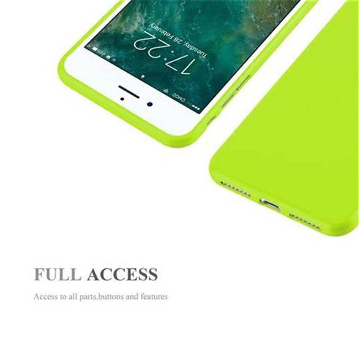 Schermo del telefono con custodia verde. Lo schermo mostra l'ora 17:22, martedì 28 febbraio.