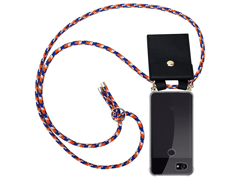 CADORABO Handy Kette mit Gold Ringen, Kordel Band und abnehmbarer Hülle, Backcover, Google, PIXEL 2, ORANGE BLAU WEIß