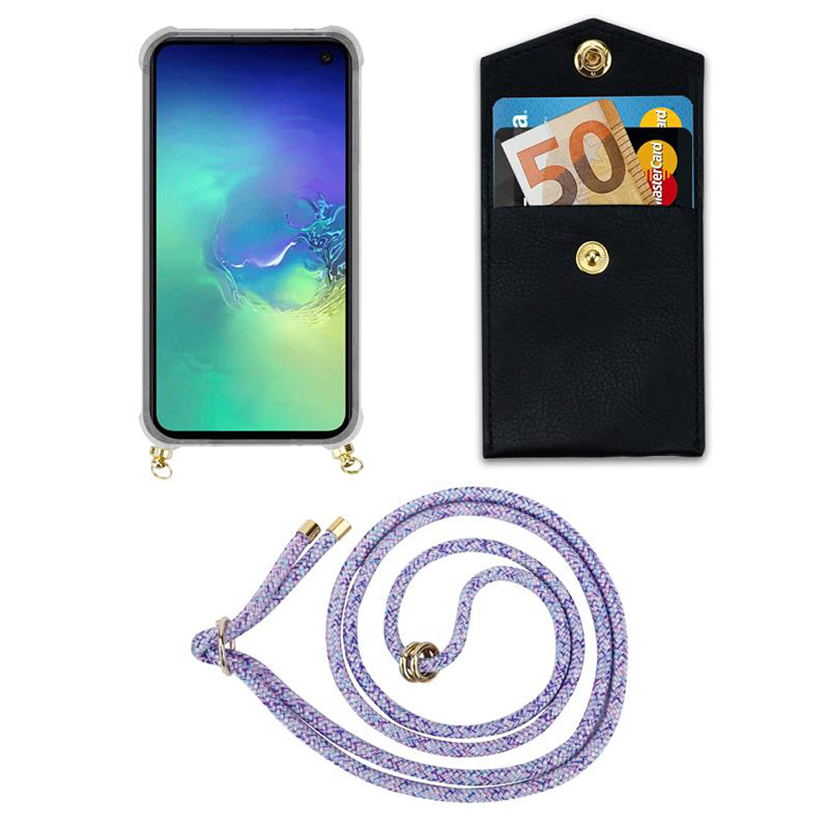 Telefono, custodia e cordino. Il telefono mostra uno schermo. Cordino viola e custodia nera con una carta.