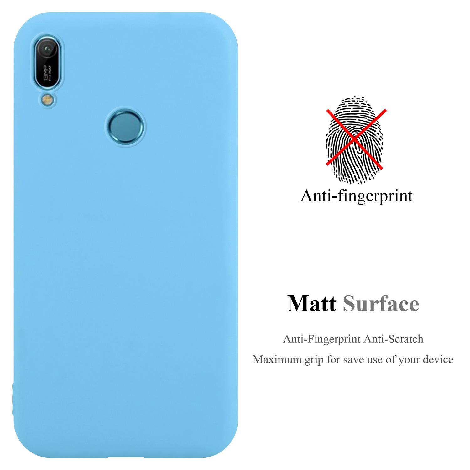 Una custodia per telefono azzurra con le scritte 'Anti-impronta' e 'Superficie opaca'.