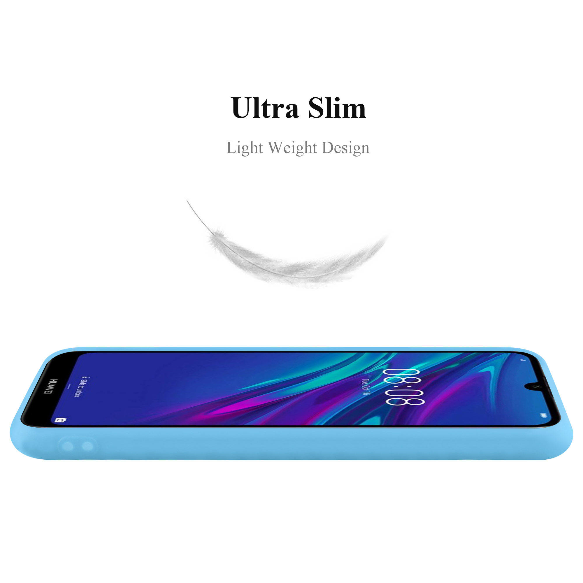 Viene mostrata una custodia per telefono azzurra. Il telefono è su sfondo bianco.