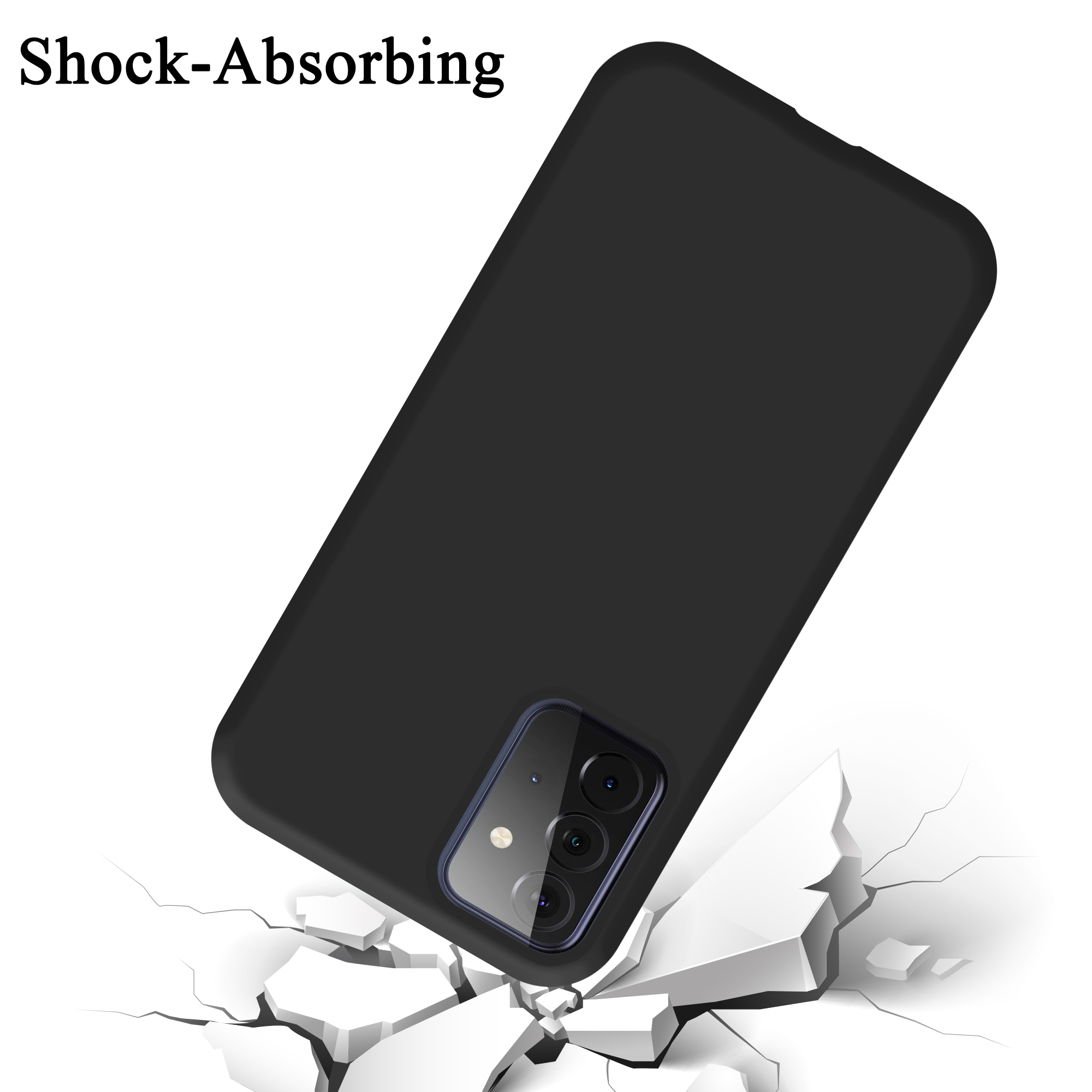 Custodia nera per telefono che cade su un terreno incrinato. Il testo "Shock-Absorbing" appare sopra.