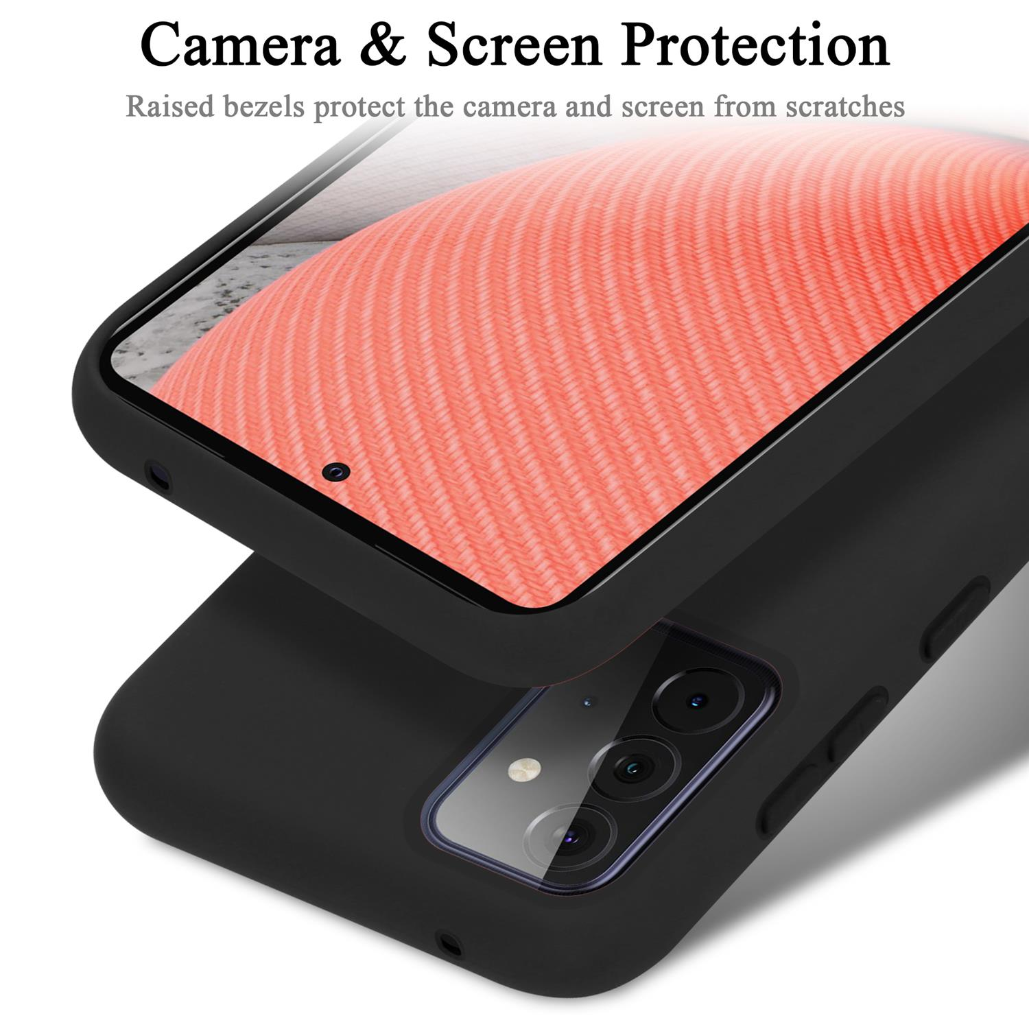 Due custodie per telefono sono sovrapposte. Una mostra un volto di cartone animato sullo schermo, testo: 'Camera & Screen Protection'.