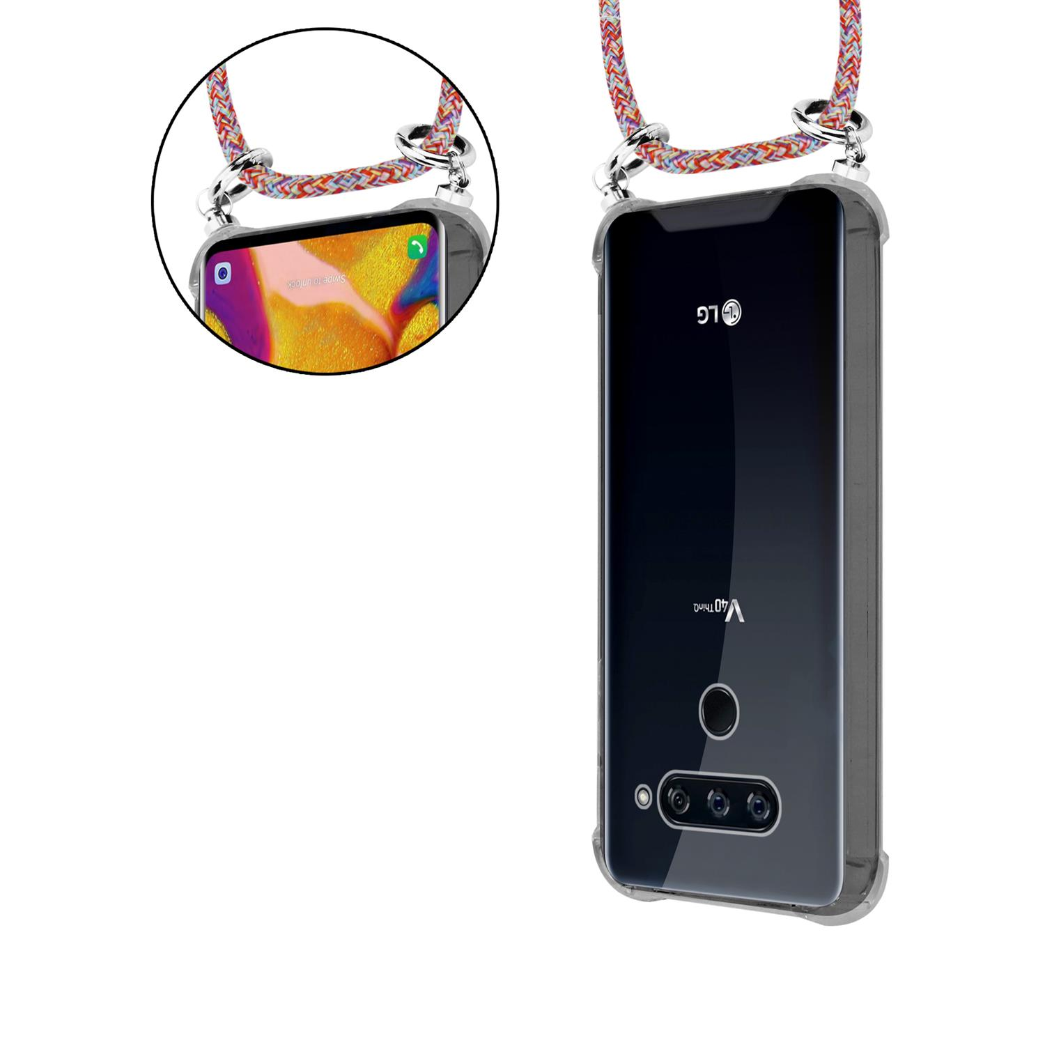 Ein Telefon in einer transparenten Hülle mit einem rot-orangen Seilband. Das Telefon zeigt einen farbenfrohen Sperrbildschirm.